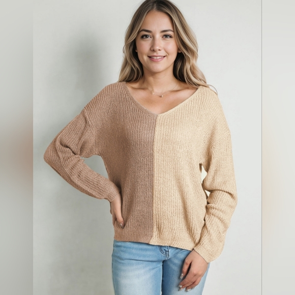 Color Block Two-Tone Contrast V-Neck Lightweight Shirt Pullover Knit Sweater Top - Picture 7 of 9